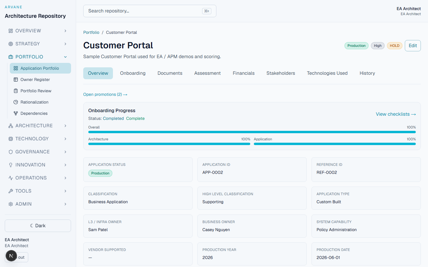 Application detail page showing onboarding progress, classification, and ownership
