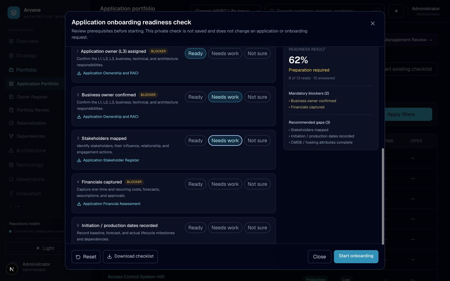 Onboarding readiness check showing prerequisite status, blockers, and readiness score