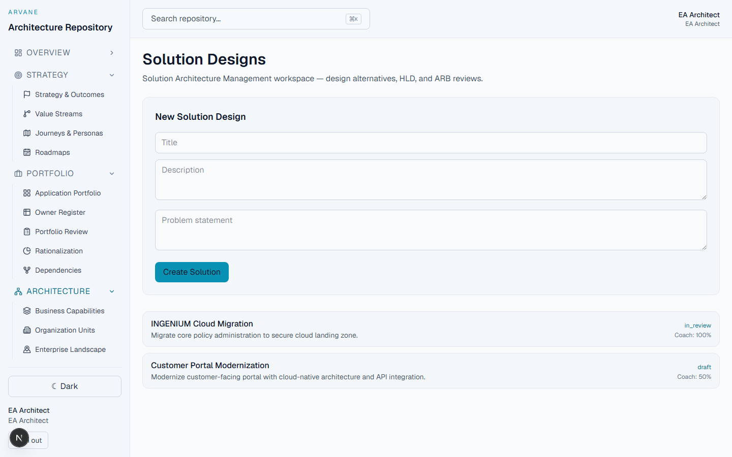 Solution Designs workspace with in-progress and draft solutions